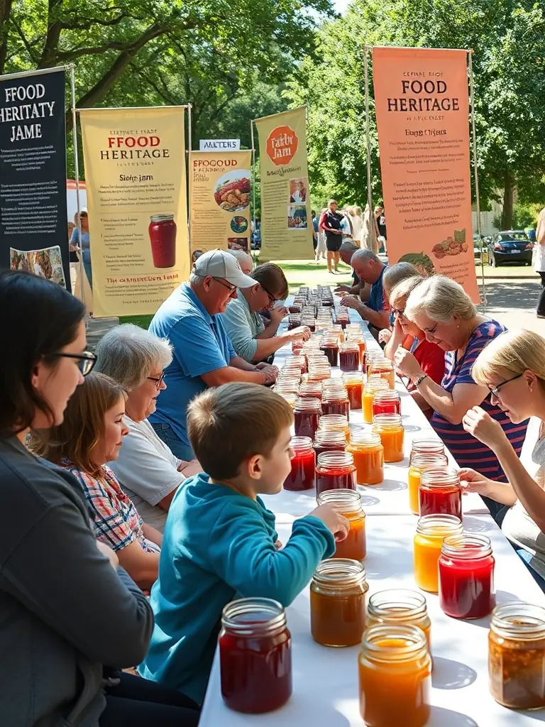 A cheerful outdoor scene of families and volunteers at a long table, sampling homemade jams and preserves, with colorful banners and informational posters about food heritage displayed nearby.