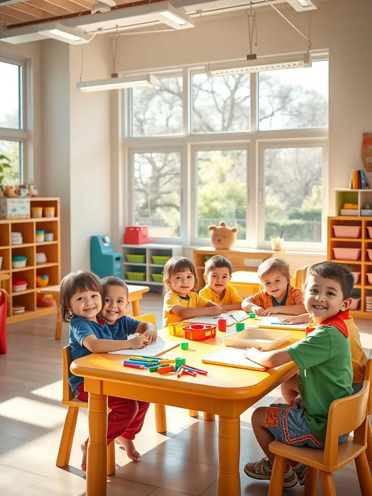 A cozy classroom setting where children are drawing and labeling vegetables on large sheets of paper, guided by an enthusiastic instructor holding a basket of fresh produce.