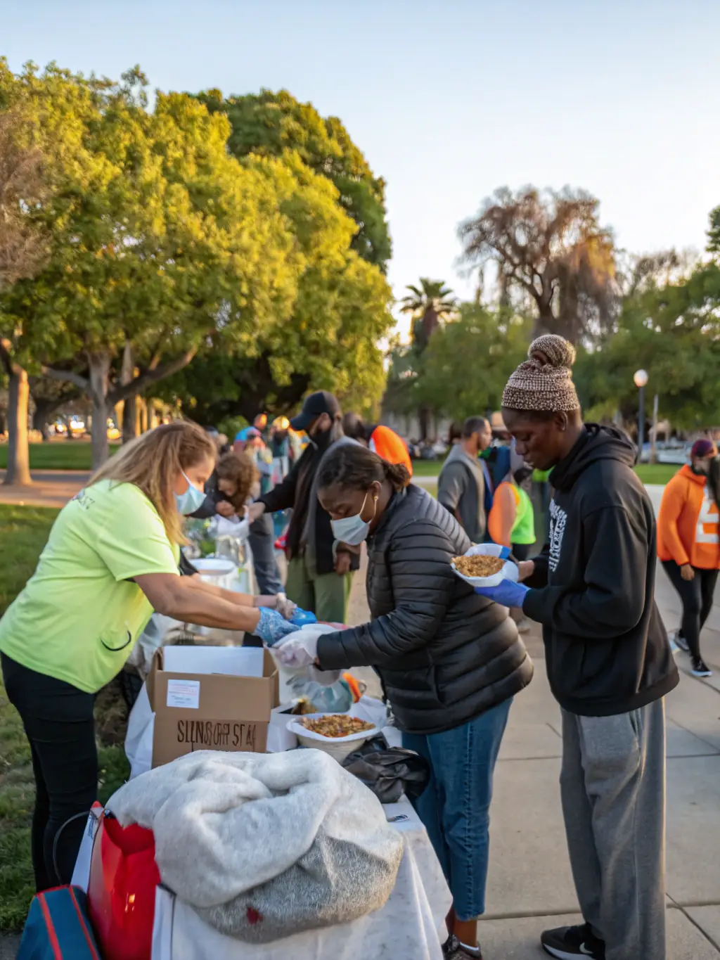 A warm photo of volunteers distributing homemade meals and educational pamphlets to community members at a local event, highlighting social responsibility.