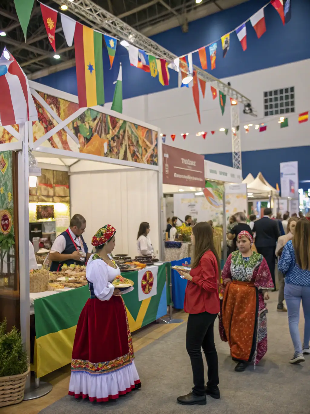 A lively scene of a multicultural food festival with people tasting dishes from various countries, colorful banners, and cultural displays, illustrating cultural exchange.