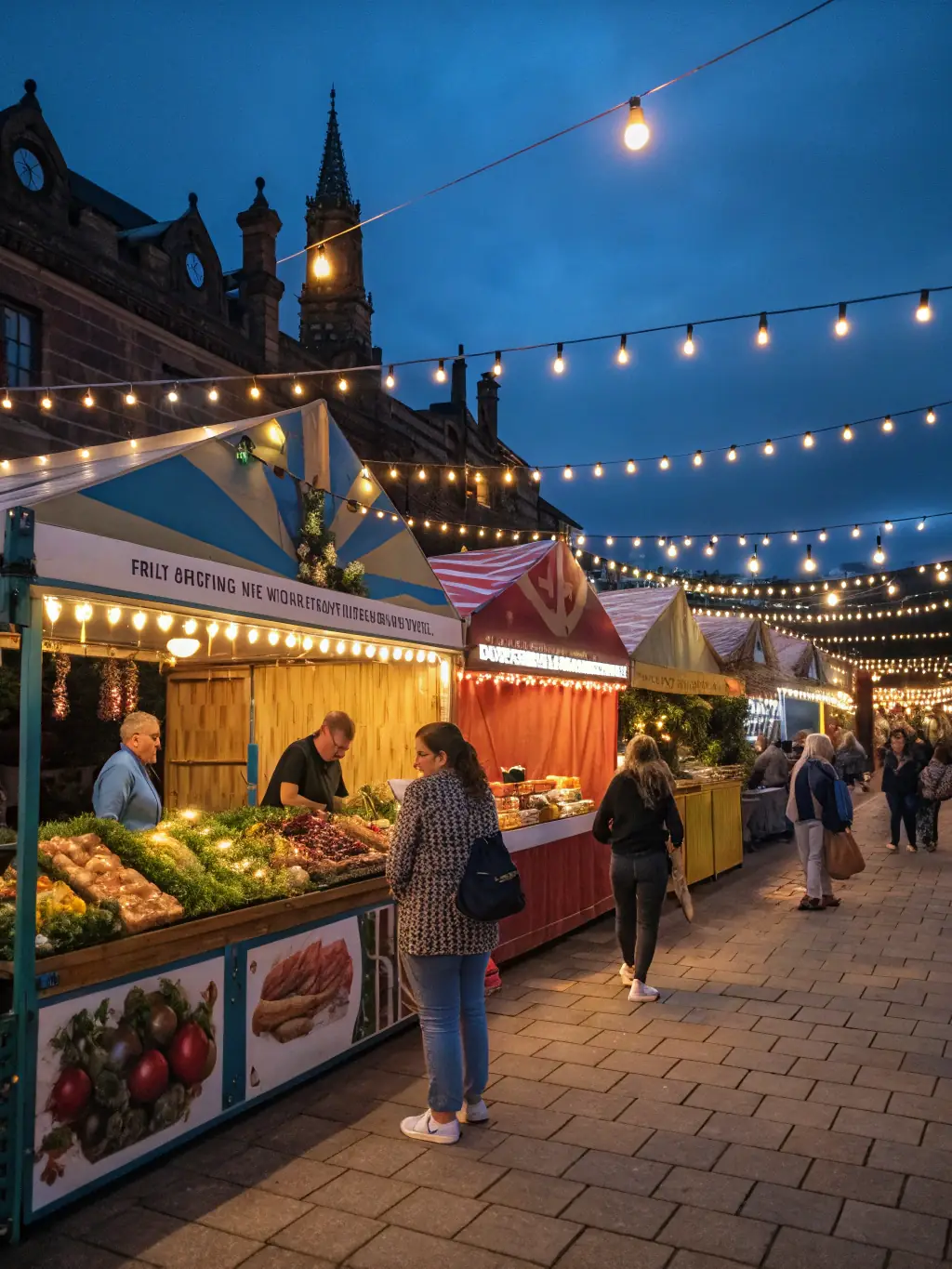 A lively outdoor food festival with local producers, tasting booths, and live demonstrations, families sampling artisanal breads and cheeses under colorful banners.