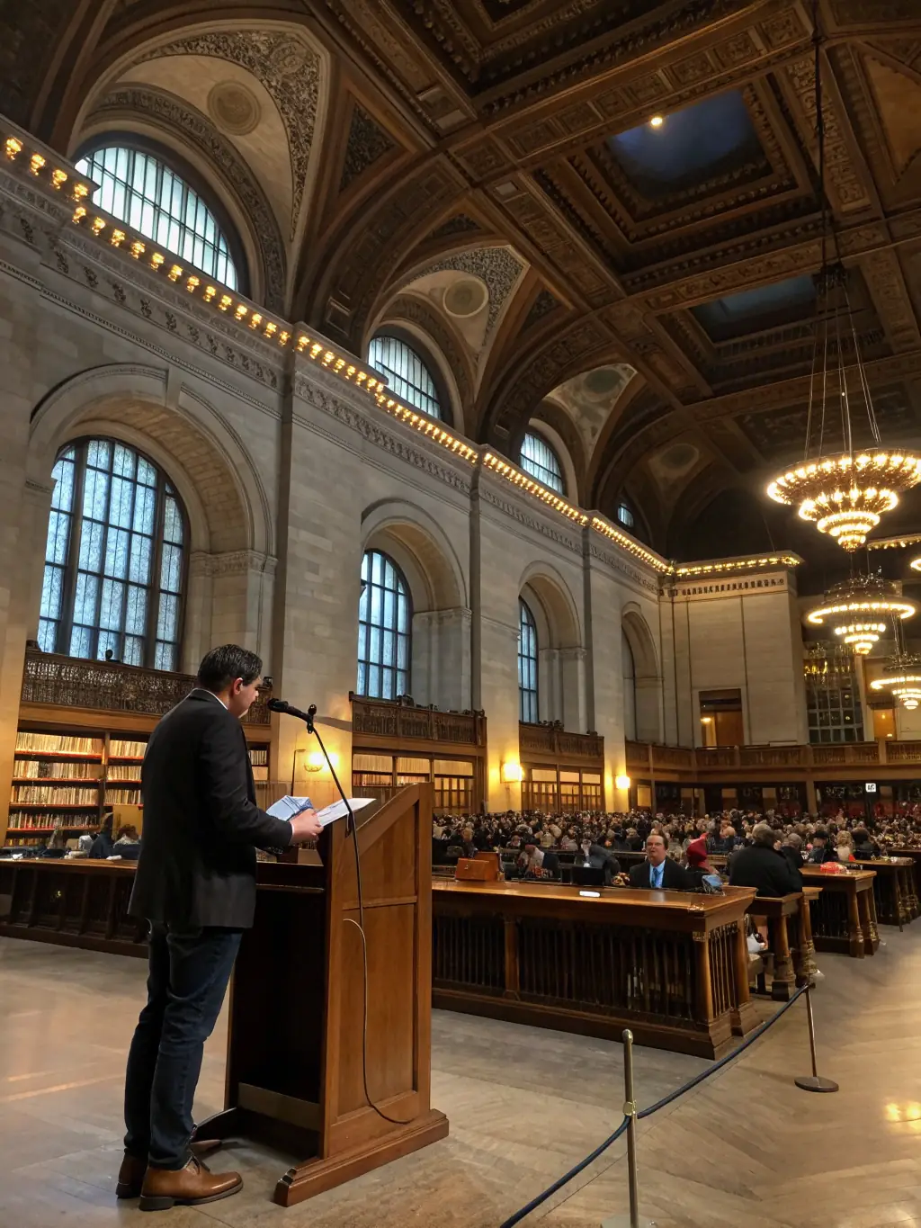 A candid image of a speaker presenting to an attentive audience in a library, with shelves of cookbooks in the background and a projection screen displaying vintage culinary illustrations.