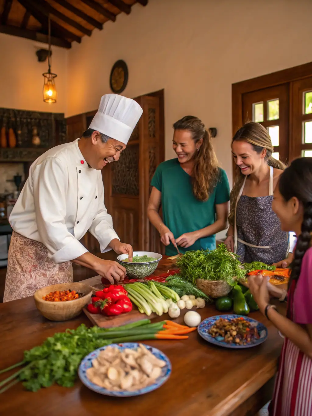 A dynamic image of a chef leading a hands-on cooking workshop with children and adults, surrounded by fresh ingredients and traditional kitchen tools, representing educational outreach.