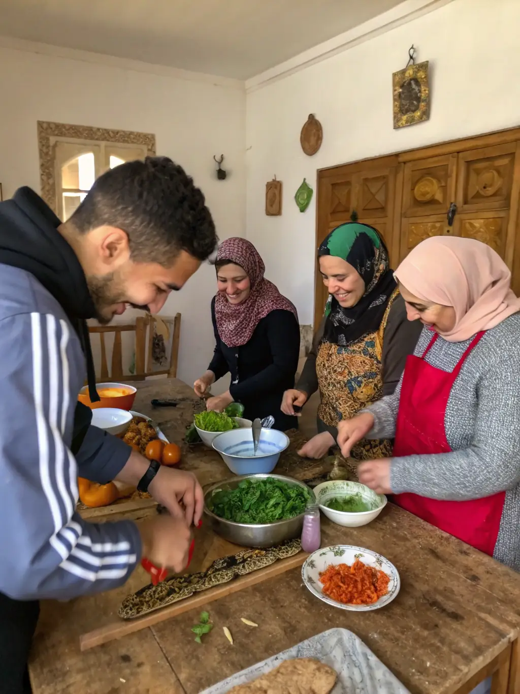 A vibrant scene of adults and children gathered around a rustic kitchen table, learning to prepare a traditional French dish with fresh ingredients, set in a warmly lit community center.