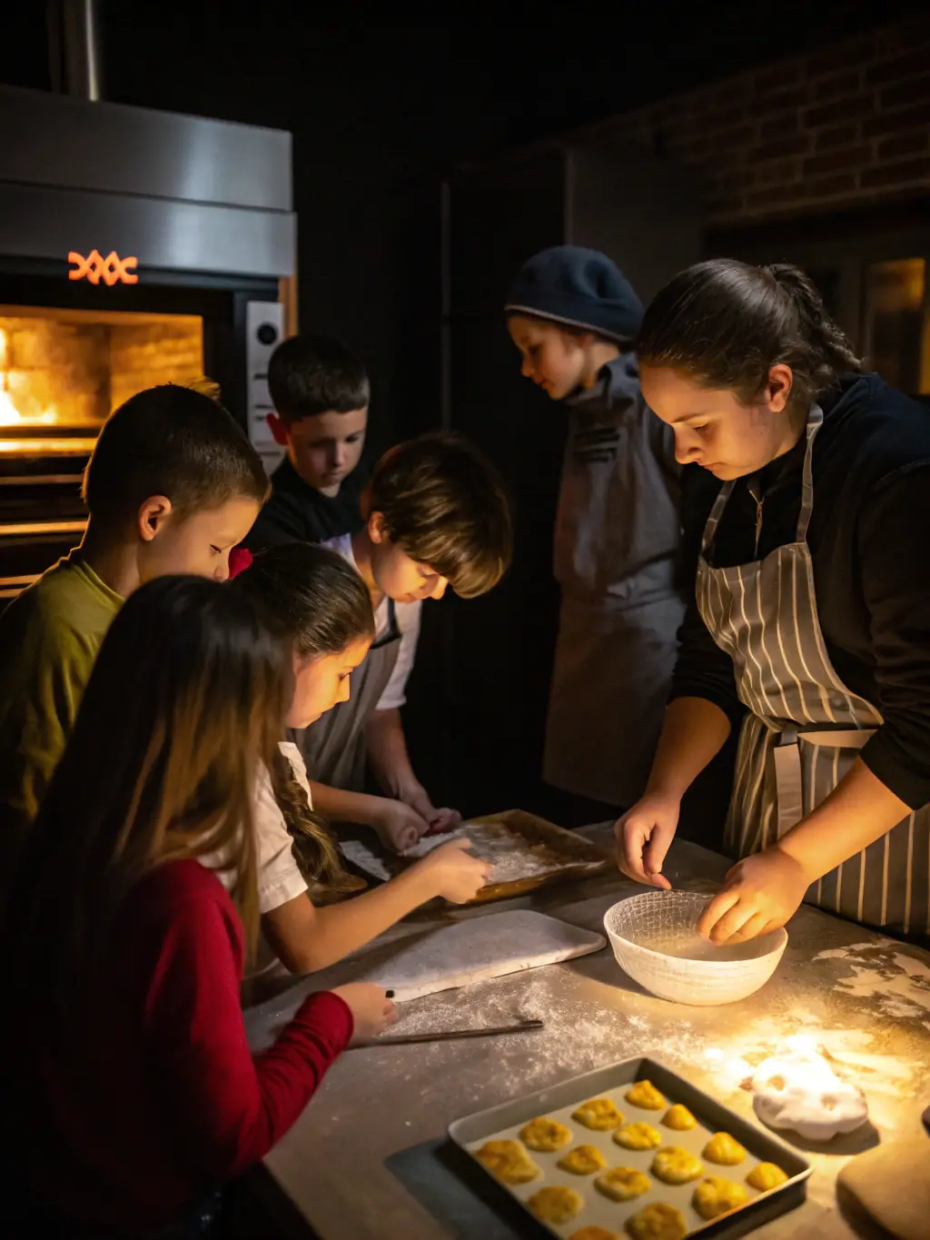 A vibrant photo of a group of adults and children gathered around a rustic wooden table, participating in a hands-on bread-making workshop, with flour and dough visible, set in a warmly lit community kitchen.
