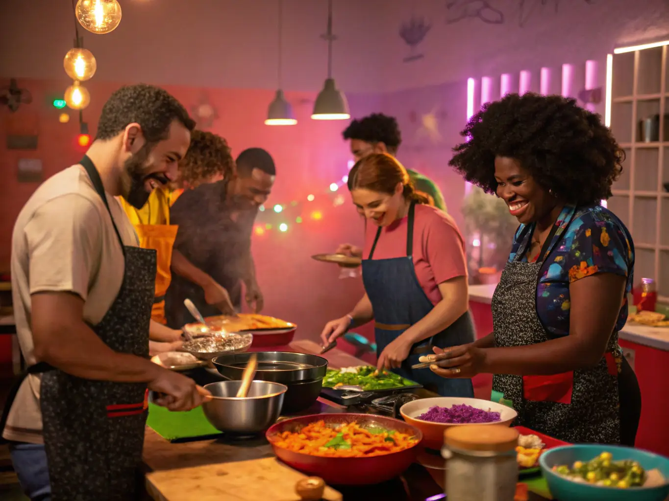 A lively classroom scene with students and a facilitator examining old cookbooks, tasting spices, and discussing the history of local dishes, surrounded by educational posters and culinary artifacts.