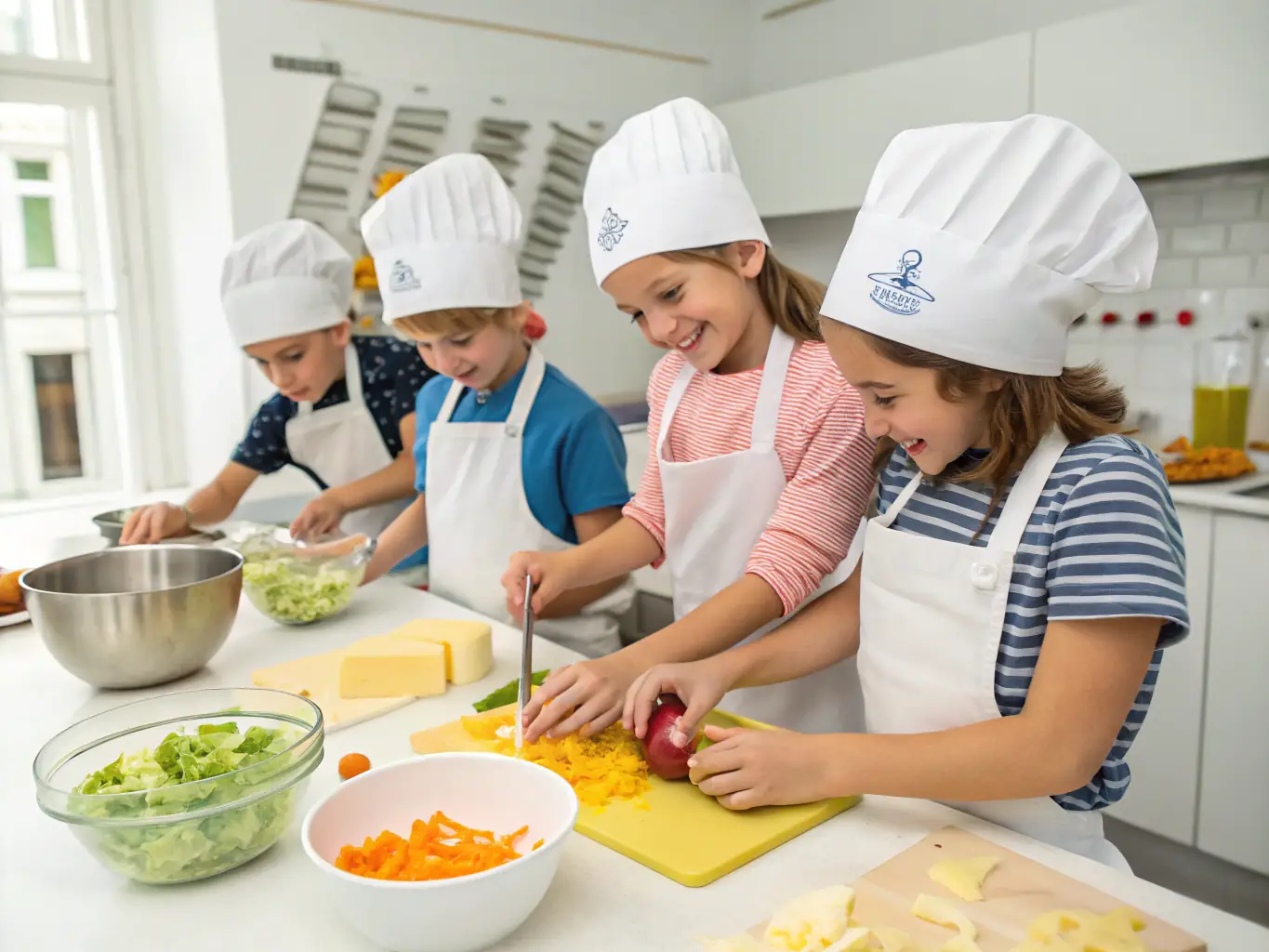A group of adults and children gathered around a rustic kitchen table, learning to prepare traditional French pastries under the guidance of an experienced chef, with flour, rolling pins, and recipe books visible.