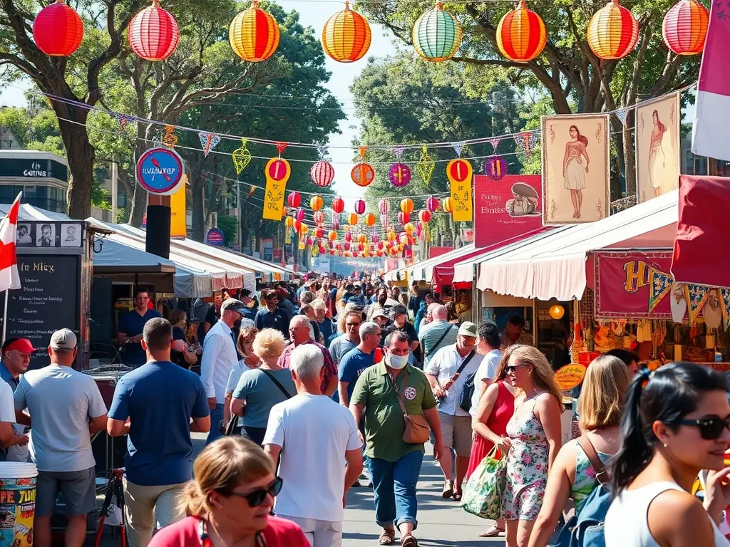 A vibrant outdoor festival with colorful food stalls, traditional musicians, and community members sampling regional specialties, set in a historic town square decorated with banners and local produce.
