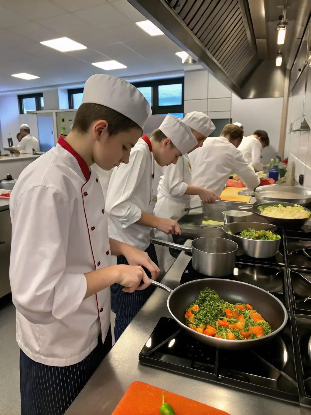A classroom setting where a chef leads a group of teenagers in a lesson about sustainable cooking, with posters about food waste reduction and seasonal eating on the walls.