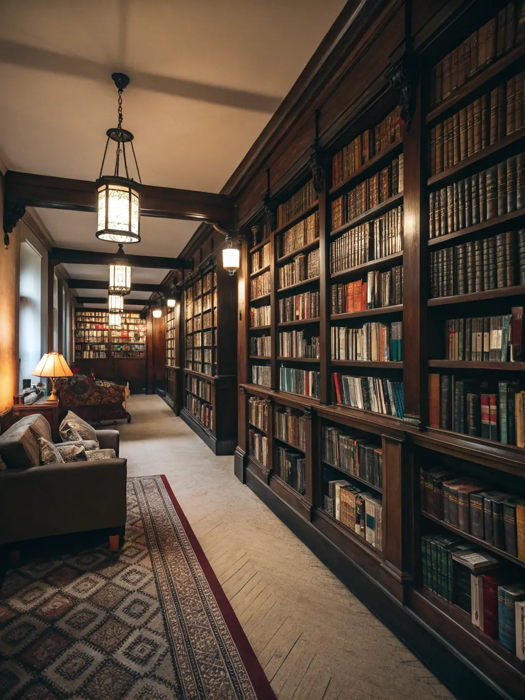 A cozy library room filled with shelves of vintage cookbooks, handwritten recipe cards, and culinary artifacts, with a volunteer cataloguing materials at a wooden desk.